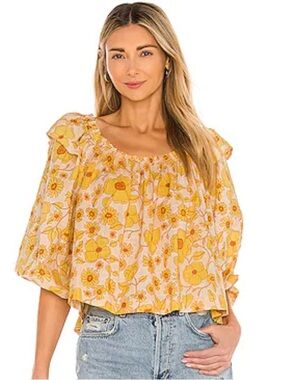 Free People Miss Daisy Floral Off-Shoulder Yellow and Brown Peasant Top Size S